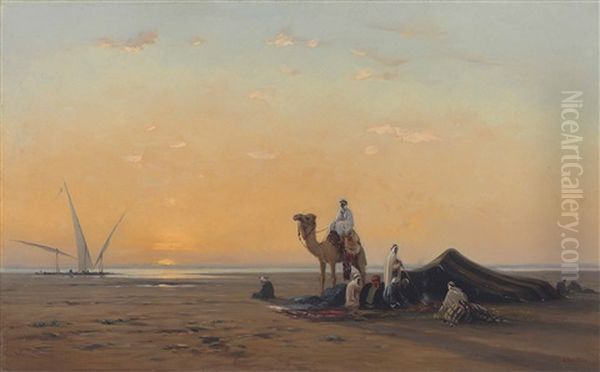 Arab Encampment By The Nile Oil Painting by Auguste Louis Veillon