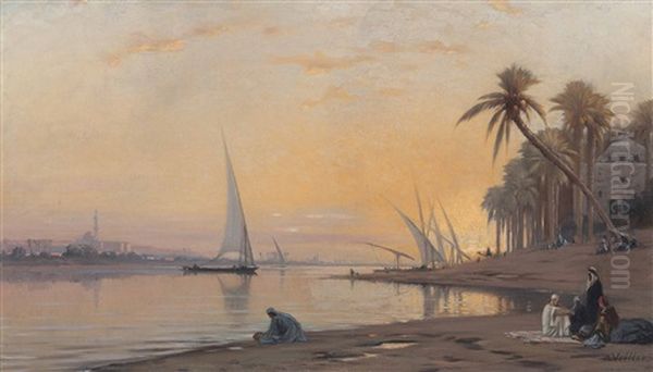 Arabs On Banks Of The Nile Oil Painting by Auguste Louis Veillon