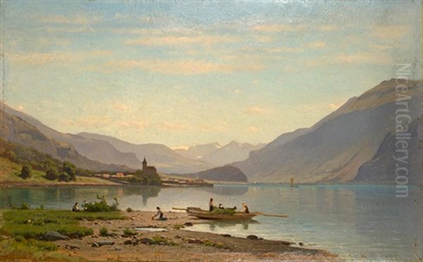 Blick Von Ebligen Auf Die Kirche Von Brienz Und Brienzersee (lac De Brienz) Oil Painting by Auguste Louis Veillon