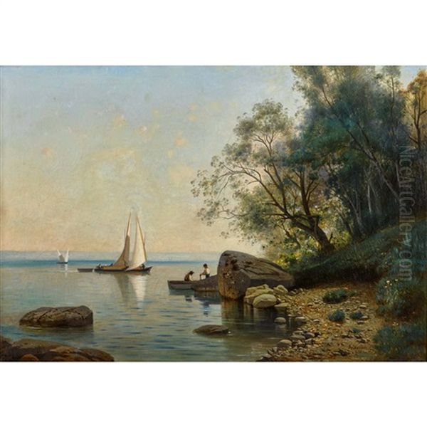 Lac Leman Avec Voiliers Oil Painting by Auguste Louis Veillon