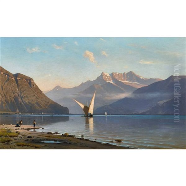 Le Lac Leman Contre Les Dents Du Midi Oil Painting by Auguste Louis Veillon