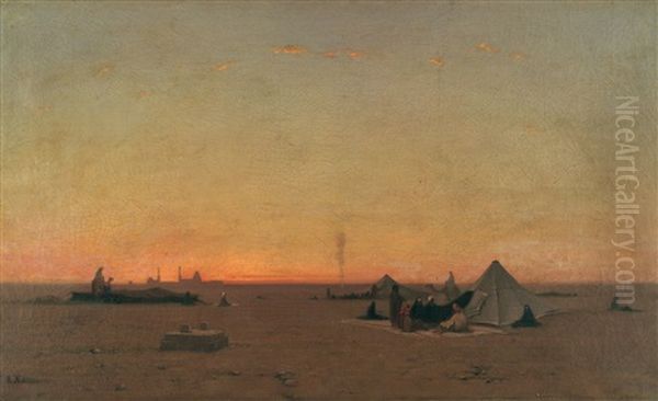 Beduinenlager Beim Sonnenuntergang, Am Horizont Eine Stadtsilhouette Oil Painting by Auguste Louis Veillon