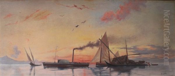 Bateau A Vapeur Dans Le Golfe Au Coucher Du Soleil Oil Painting by Auguste Louis Veillon