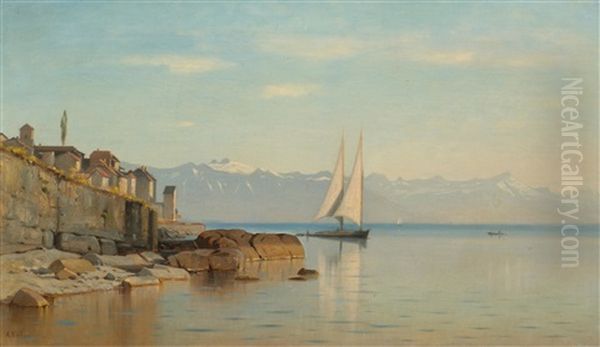 Bord Du Lac A Rivaz (lakeshore At Rivaz) Oil Painting by Auguste Louis Veillon