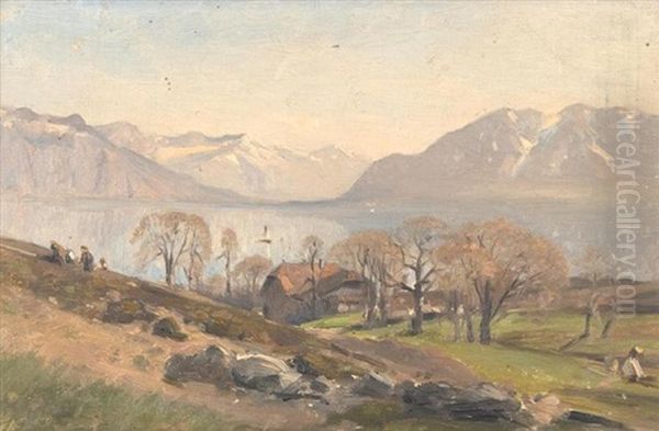 Les Monts De Corsier Sur Vevey, Le Lac Et Les Alpes Oil Painting by Auguste Louis Veillon