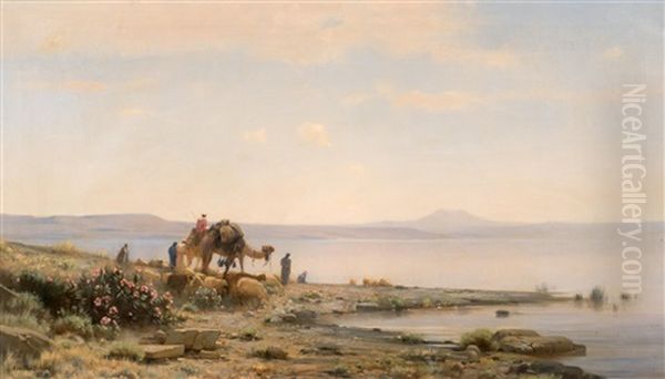 Chameaux Et Troupeau De Moutons Au Bord De L'eau Oil Painting by Auguste Louis Veillon