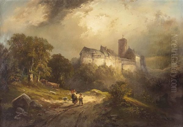 Mutter Mit Kindern Auf Einem Weg Vor Der Wartburg Bei Eisenach Oil Painting by Hugo Veit