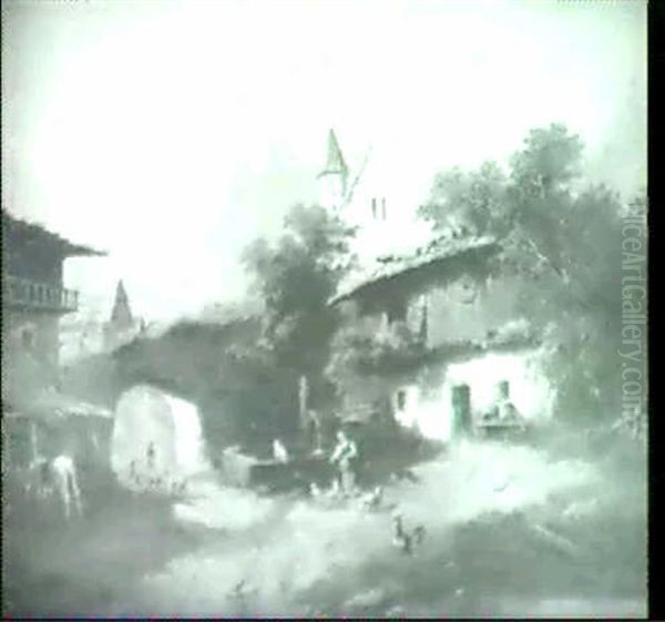 Gebirgsdorf Mit Einer Schmiede. Oil Painting by Josef Veiter