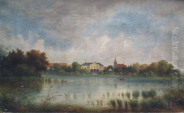 Seenlandschaft In Pommern Mit Klassizistischem Gebaude Und Kirchturm Am Ufer Und Personenstaffage Sowie Ruderboot Oil Painting by Gustav Breuning