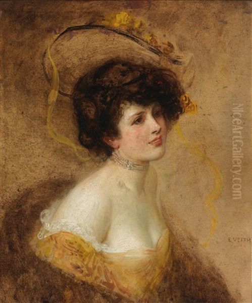 Three-quarter Length Portrait Of A Lady With Hat In A Yellow Dress Oil Painting by Eduard Veith