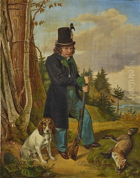 Jager Mit Hund Und Erlegtem Fuchs by Franz Veith