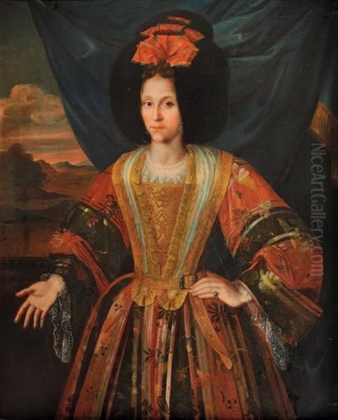 Portrait De Femme En Robe Brodee Et Bonnet De Fourrure Borde De Dentelles Oil Painting by Johann Martin Veith