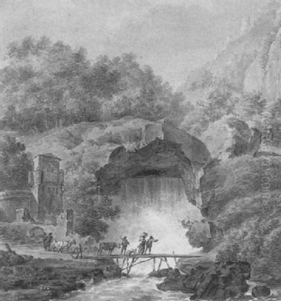 Bauern Mit Vieh Auf Brucke Vor Grotte Mit Schaumendem Wasserfall by Johann Philipp Veith