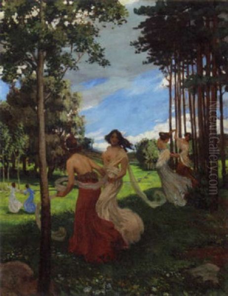 Young Girls Dancing In Springtime Oil Painting by Rudolf Vejrych