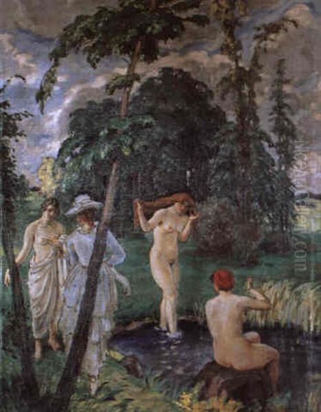 Badende Frauen Am Teich Oil Painting by Rudolf Vejrych