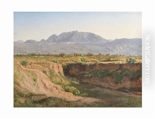 Vista Del Ajusco Y Pueblo De San Angel Desde La Barranca Del Muerto Oil Painting by Jose Maria Velasco