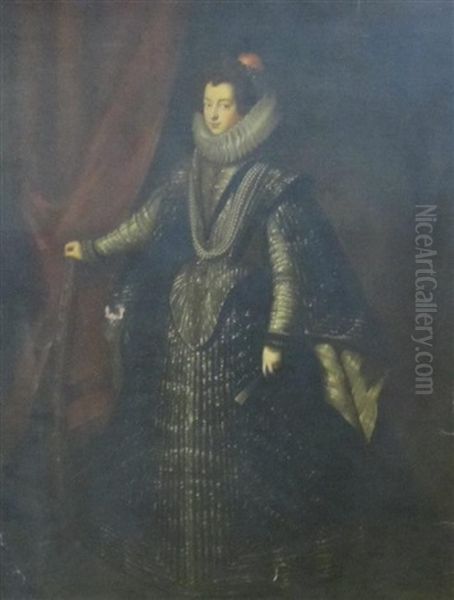 Portrait Of A Lady, Said To Be Isabella Of Bourbon Standing Full Length In An Interior, Wearing A Striped Court Dress, And White Ruff Oil Painting by Diego Velazquez