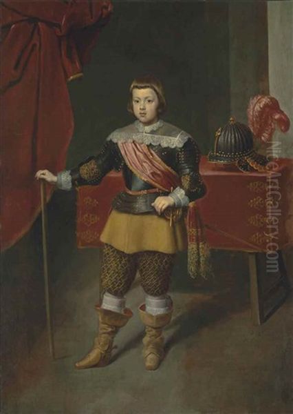 Portrait Of The Infante Baltasar Carlos (1629-1646), Son Of King Philip Iv Of Spain And His Wife Isabella Of Bourbon, Full-length, In Armour With A Red Sash Oil Painting by Diego Velazquez