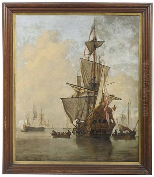 A Flag Ship Preparing To Leave The Anchorage; With A Man-o'- War Firing A Salute Beyond Oil Painting by Jan van de Velde II