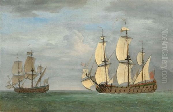 An English Ship Under A Press Of Sails Coming Up With A French Ship In A Moderate Breeze Oil Painting by Jan van de Velde II