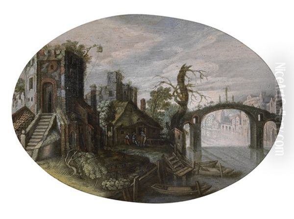 Flusslandschaft Mit Romischen Ruinen Und Einer Brucke Oil Painting by Jan van de Velde II