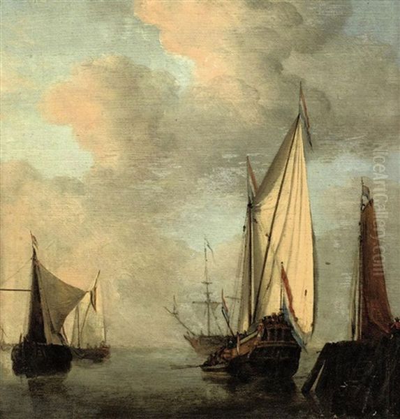 Shipping Off A Jetty In Calm Waters Oil Painting by Jan van de Velde II