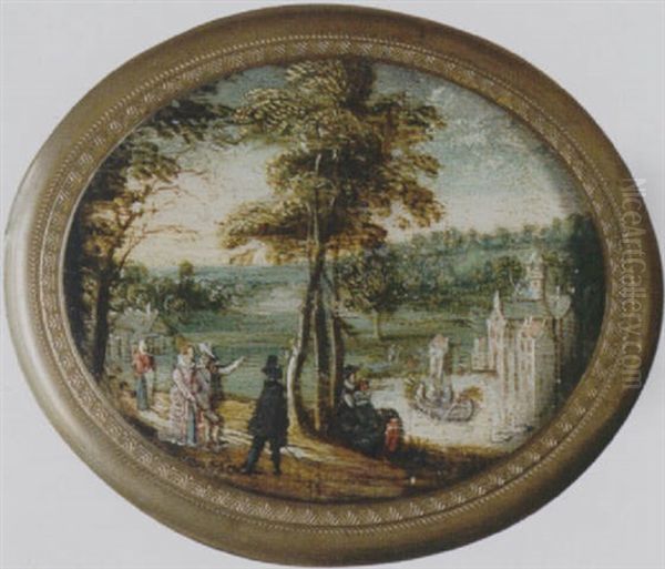 A Landscape With Elegant Figures Promenading Before A Lake, A Castle Beyond by Jan van de Velde II