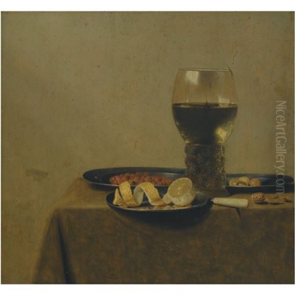 A Still Life Of A Peeled Lemon, Nuts And Olives On Pewter Plates, And A Roemer Filled With White Wine, All On A Table Covered With A Cloth Oil Painting by Jan van de Velde III