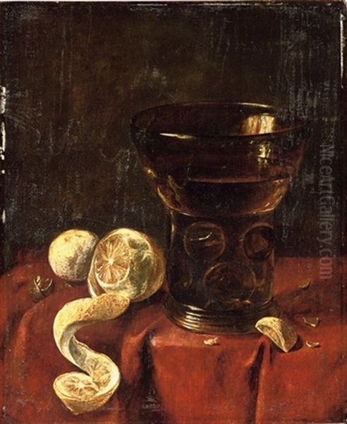 A Roemer, A Partly-pealed Lemon, And A Walnut On A Draped Table Oil Painting by Jan van de Velde III