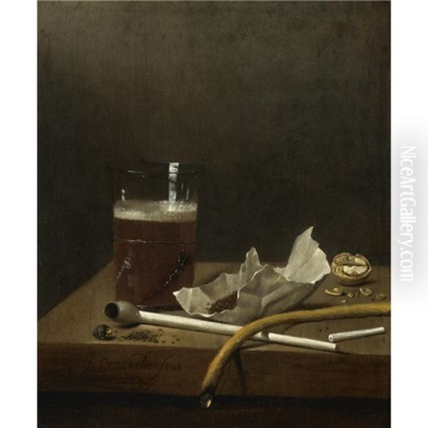 Still Life With A Glass Of Beer, A Pipe, Tobacco And Other Requisites Of Smoking Oil Painting by Jan van de Velde III