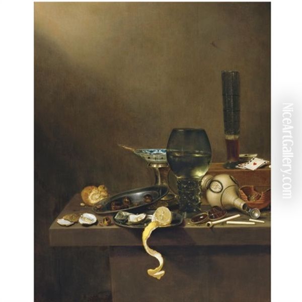 Still Life With A Beer Glass And Playing Cards On A Wooden Box, With A Large Roemer, A Brazier, A Pipe, A Stoneware Tankard On Its Side, A Bread Roll, Oysters And Other Objects Arranged On The Ledge B Oil Painting by Jan van de Velde III