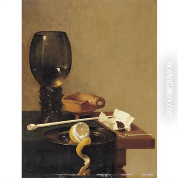 Still Life With Roemer, Tobacco, A Clay Pipe And A Peeled Lemon On A Pewter Plate Oil Painting by Jan van de Velde III