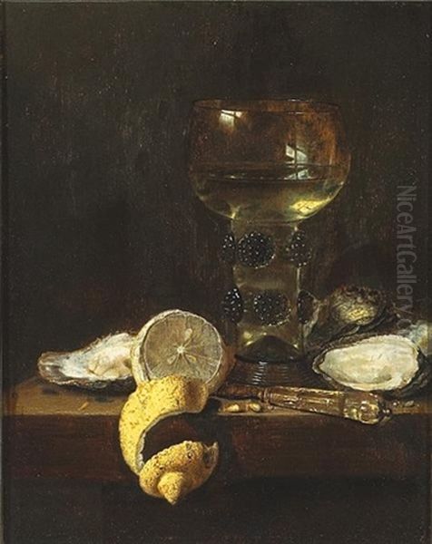 A Still Life With A Large Roemer, A Lemon, Oysters And A Knife All Resting On A Table Oil Painting by Jan van de Velde III