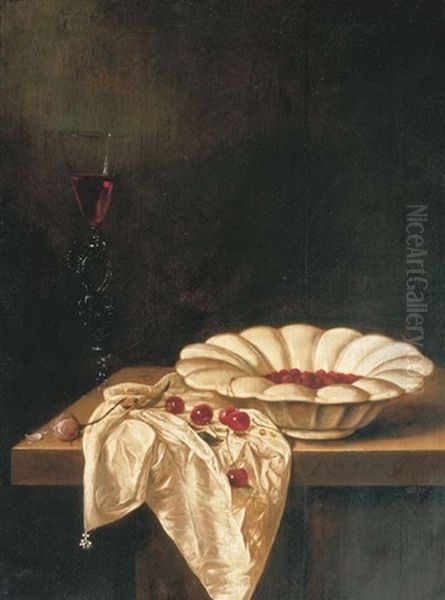 Wild Strawberries In A Glazed Earthenware Bowl With A Facon De Venise Of Red Wine, A Pink Rose And Cherries On A Partially Draped Wooden Ledge Oil Painting by Jan van de Velde III