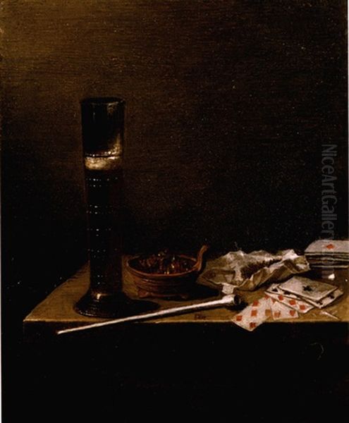 A Still Life With A Glass Of Beer, A Pipe, Tobacco, Playing Cards And A Brazier With Glowing Coals On A Wooden Table Oil Painting by Jan van de Velde III