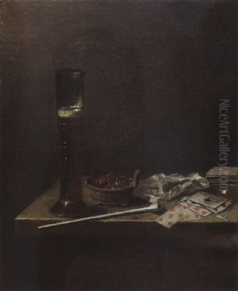 A Still Life With A Pasglas, Smoker's Utensils, Playing Cards And A Brazier With Glowing Coals Oil Painting by Jan van de Velde III