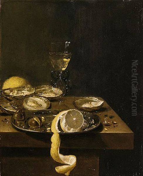 A Still Life Of A Peeled Lemon With Chestnuts Upon A Pewter Dish, Together With Oysters, A Wine Glass And A Lemon, All Upon A Table Top Oil Painting by Jan van de Velde III