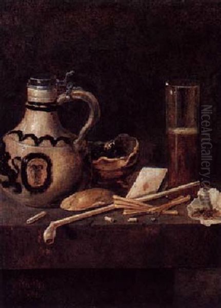 A Toebackje, Still Life With A Stoneware Jug, A Glass And Smoking Utensils Oil Painting by Jan van de Velde III