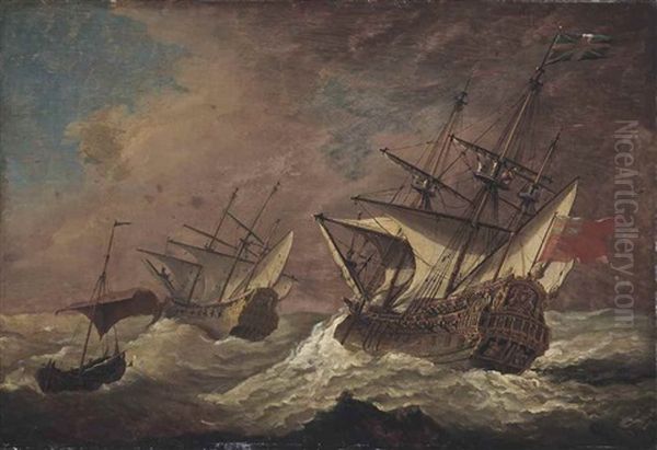 The English Ship Resolution In A Gale With Another Ship Ahead, And A Small Fishing Boat In The Foreground Oil Painting by Willem van de Velde III