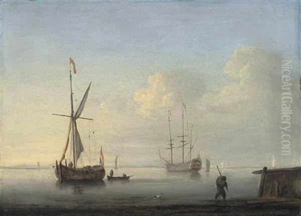 A Coastal Landscape With A Dutch Galjoot At Anchor And A Man-of-war In A Calm Oil Painting by Willem van de Velde III