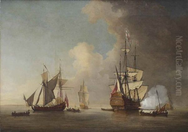 The Flagship Royal Sovereign Firing A Salute At The Nore With Other Warships And Admiralty Yachts In Attendance Oil Painting by Willem van de Velde III