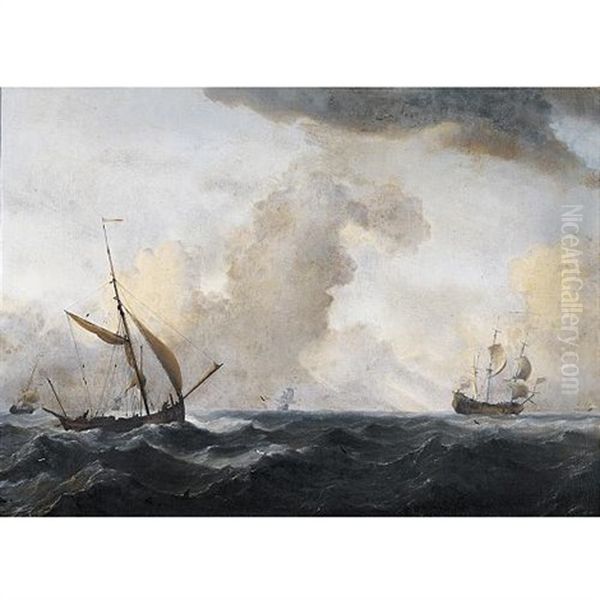 An English Galliot At Sea Running Before A Strong Wind Oil Painting by Willem van de Velde III