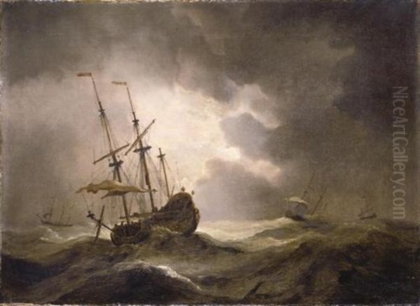 A Merchantman In A Storm, Three Other Ships On The Horizon (collab. W/studio) Oil Painting by Willem van de Velde III