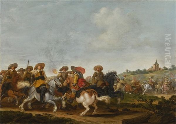 A Cavalry Battle In A Landscape, A Church Beyond Oil Painting by Esaias van de Velde the Elder