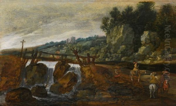 Rolling Landscape With Cavaliers Near A Bridge Over A Waterfall Oil Painting by Esaias van de Velde the Elder