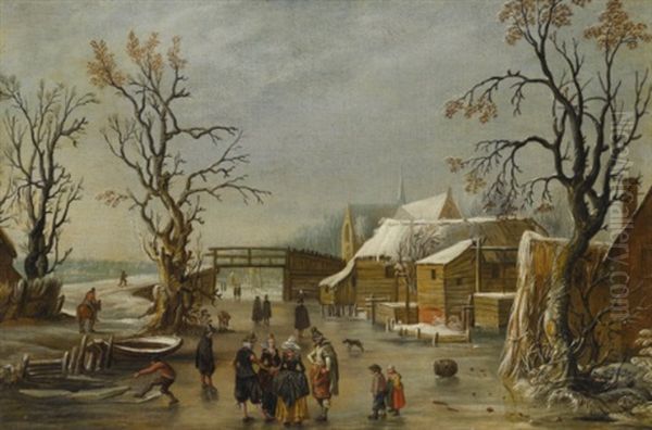 A Winter Scene With Figures Skating Oil Painting by Esaias van de Velde the Elder