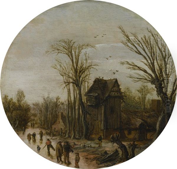 Village Landscape With A Dovecote And Ice Skaters On A Frozen Canal Oil Painting by Esaias van de Velde the Elder