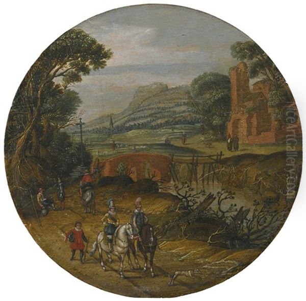 A River Landscape With Elegantly-dressed Figures On Horseback In The Foreground, Monks And A Shepherd With His Flock Beyond Oil Painting by Esaias van de Velde the Elder