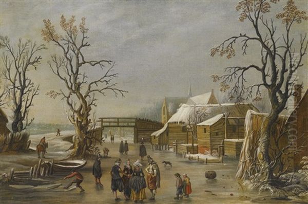 A Winter Scene With Figures Skating Oil Painting by Esaias van de Velde the Elder