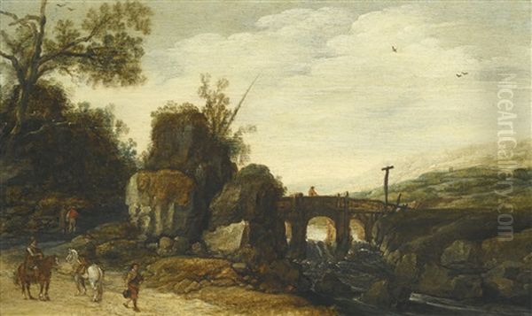 A Rocky Landscape With A Bridge Over A River, Figures On A Path And On Horseback In The Foreground Oil Painting by Esaias van de Velde the Elder